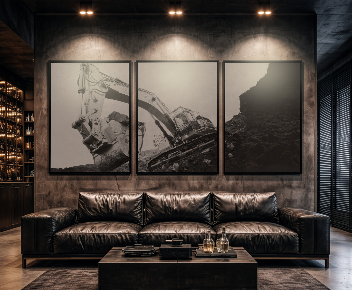 Dramatic Reaching Excavator Triptych | Framed Wall Art on Canvas