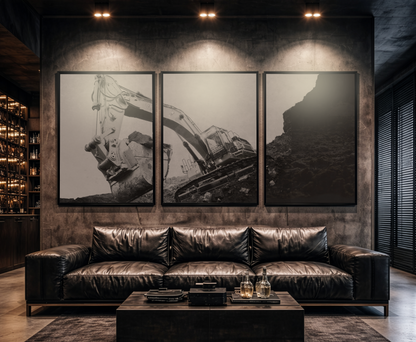 Dramatic Reaching Excavator Triptych | Framed Wall Art on Canvas