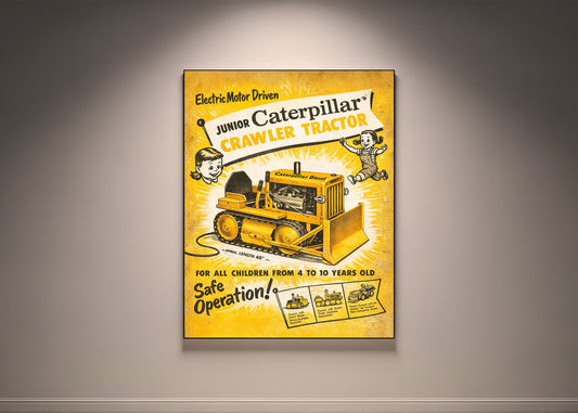 Vintage-style advertisement poster for a Caterpillar junior crawler tractor on a gray wall.