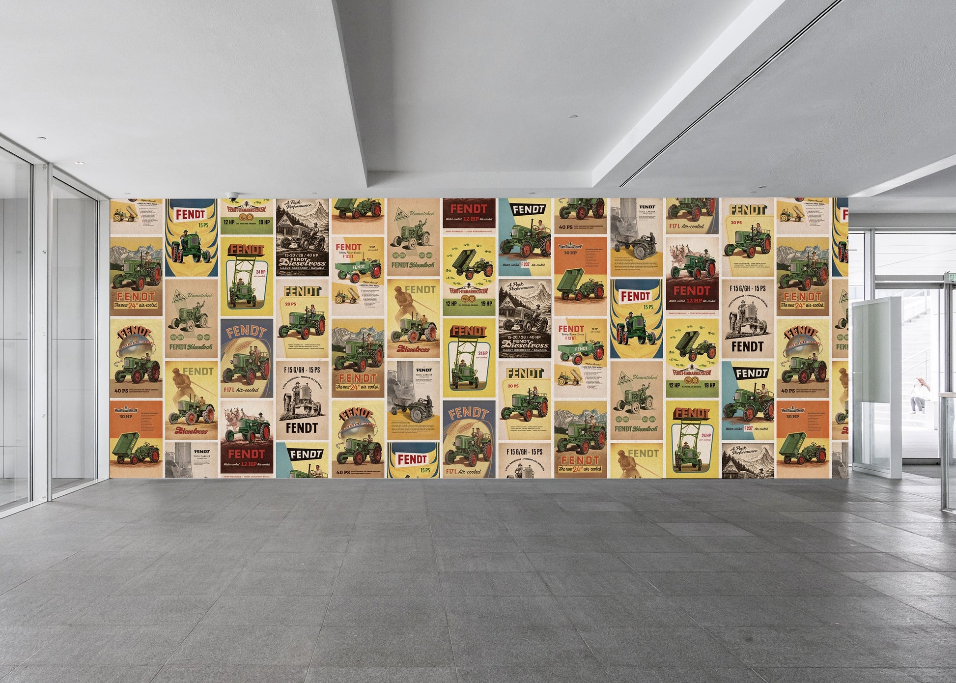 Modern interior with a wall displaying a collage of vintage-style posters.