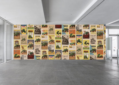 Modern interior with a wall displaying a collage of vintage-style posters.
