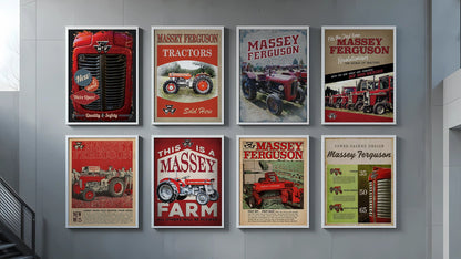 Collection of Massey Ferguson posters on a wall in a modern interior setting.
