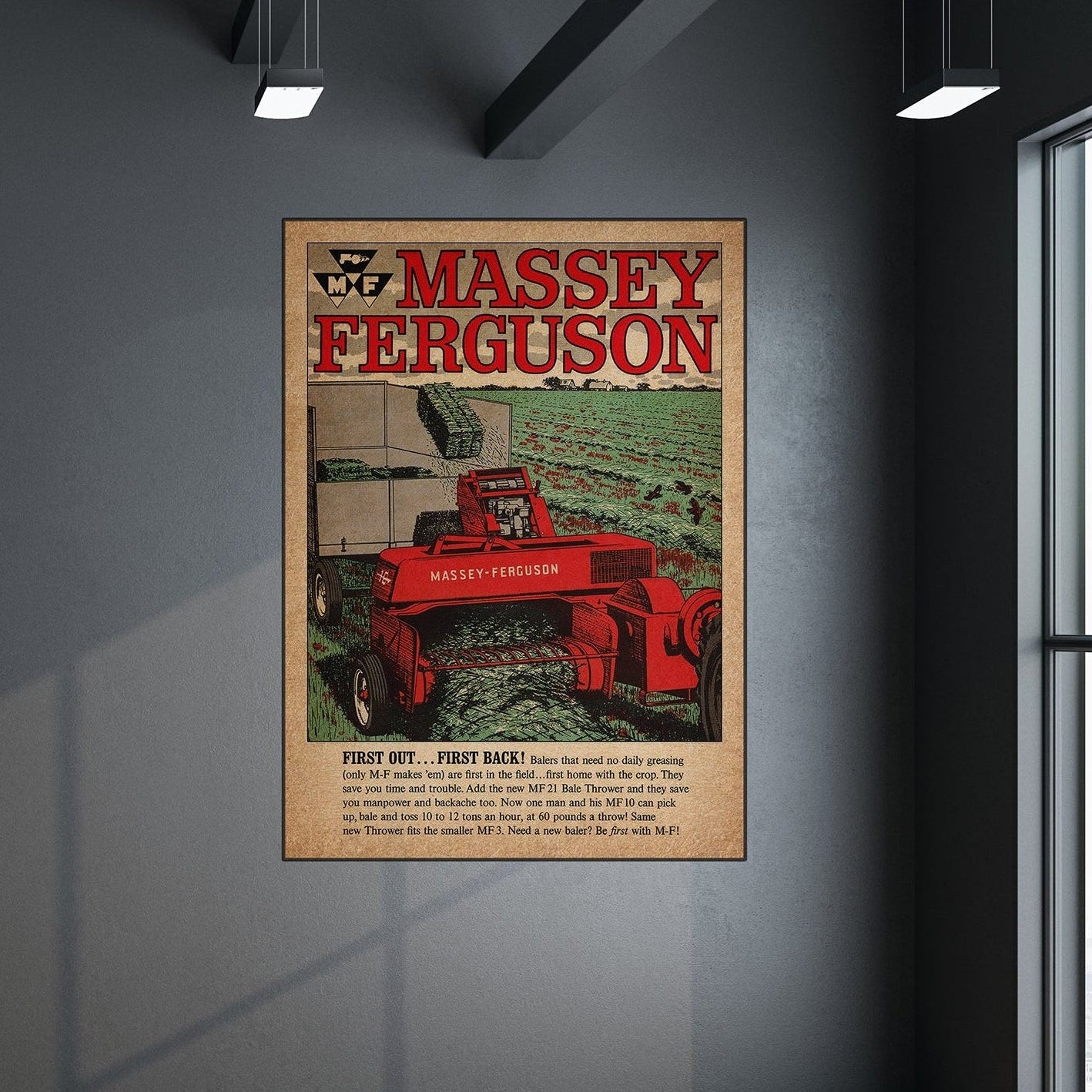 Massey Ferguson poster on a gray wall in a room with wooden flooring.
