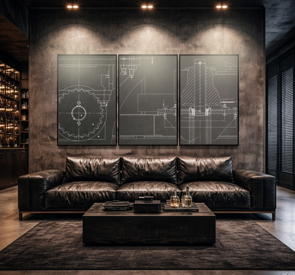 Coupling Cross Section Drawing Tryptic, Framed Wall Art on Canvas