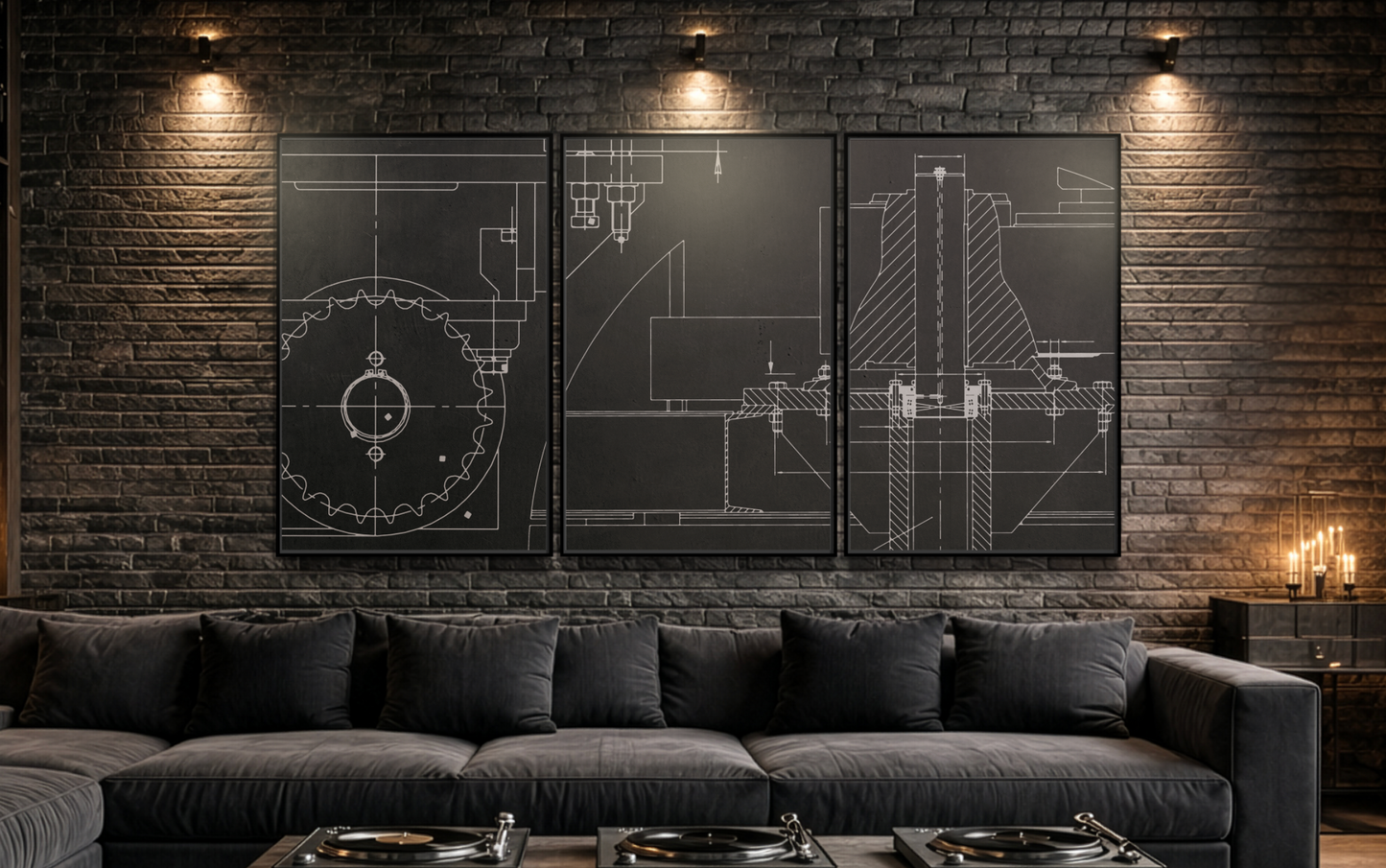 Coupling Cross Section Drawing Tryptic, Framed Wall Art on Canvas