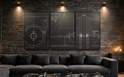 Coupling Cross Section Drawing Tryptic, Framed Wall Art on Canvas