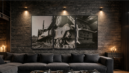 Modern living room with dark gray sectional sofa, wooden coffee table, and brick wall with framed Caterpillar undercarriage art.