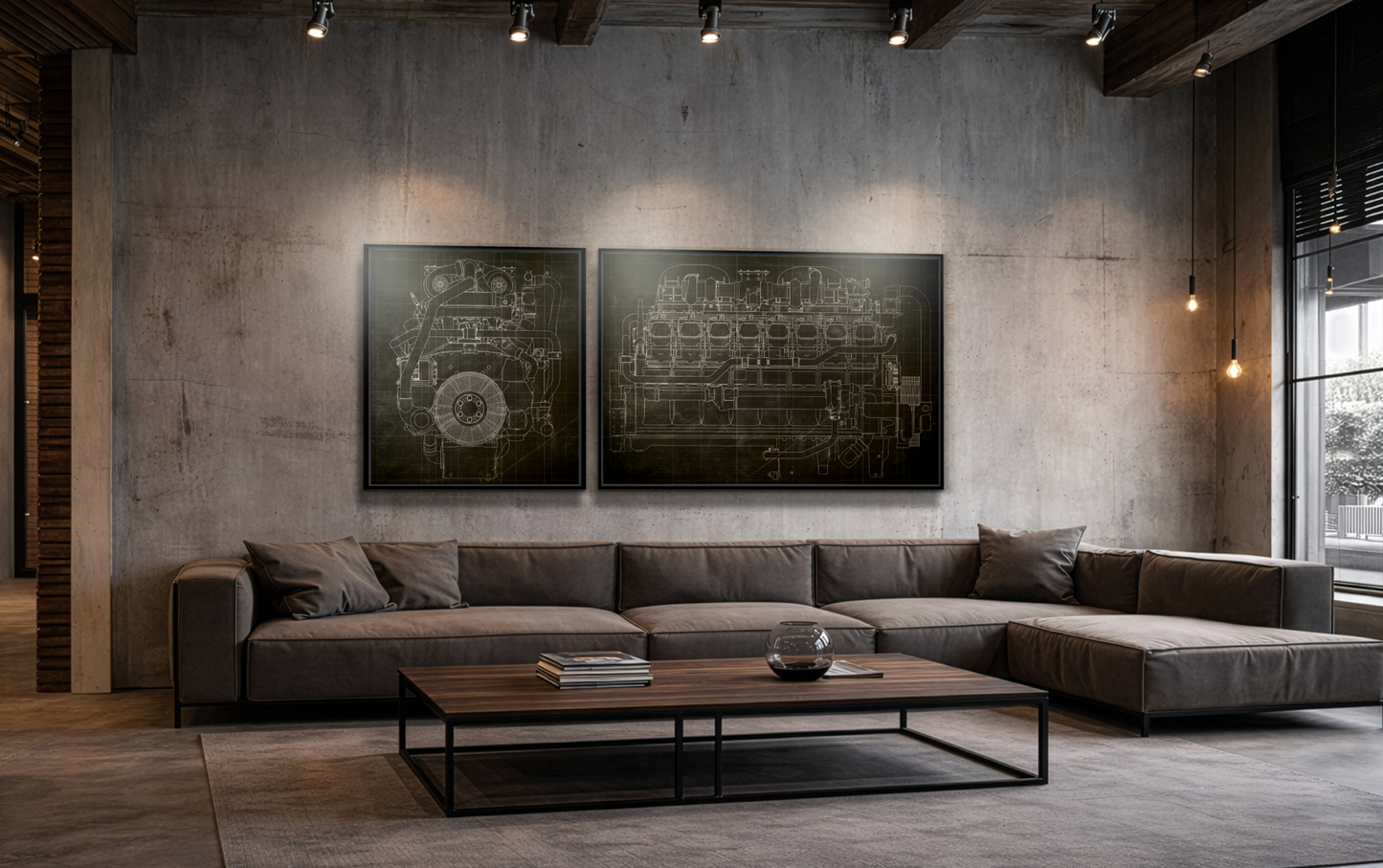 Machine Engine Schematic Drawing Pair - Framed Wall Art on Canvas
