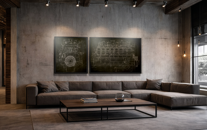 Machine Engine Schematic Drawing Pair - Framed Wall Art on Canvas