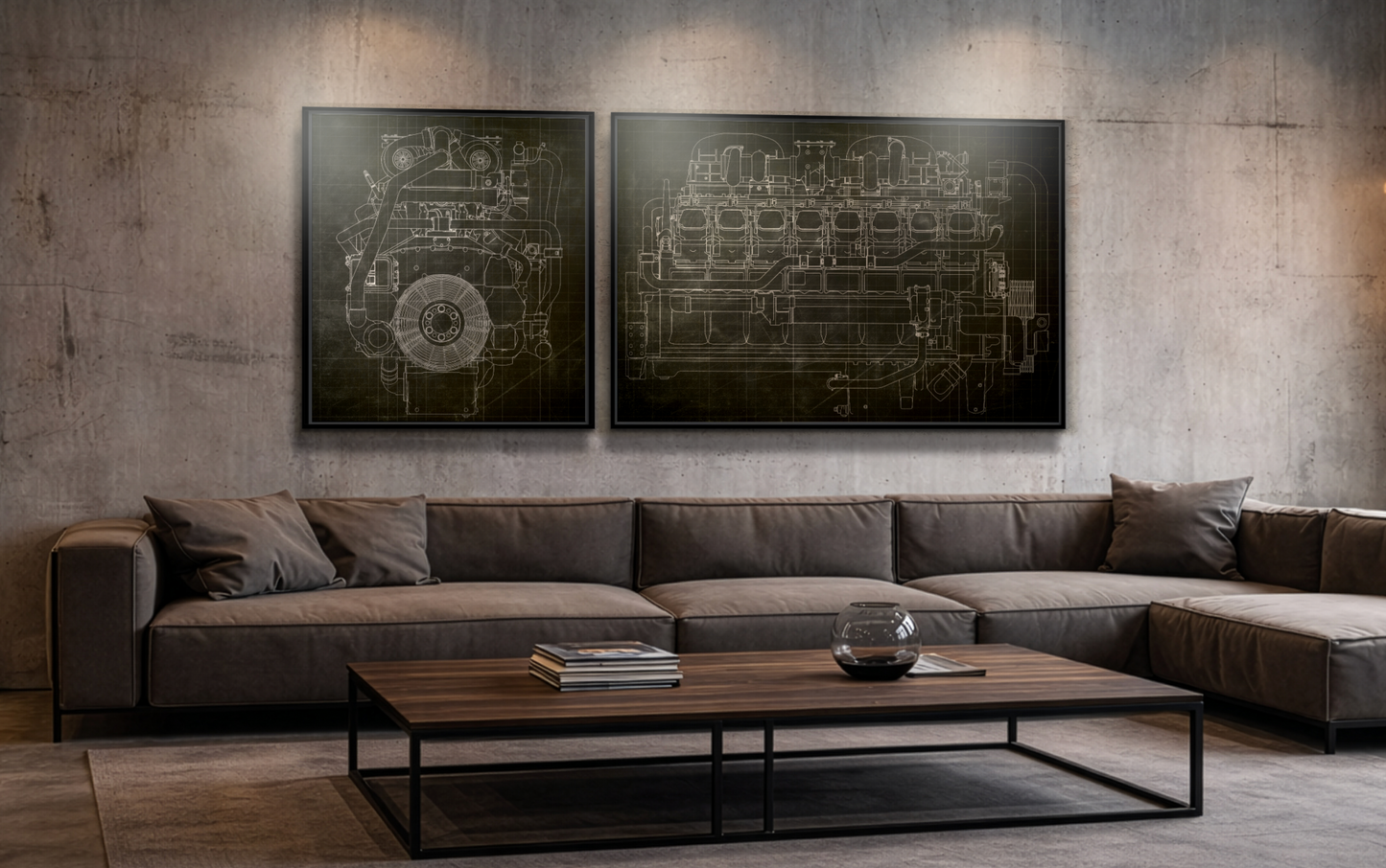 Machine Engine Schematic Drawing Pair - Framed Wall Art on Canvas
