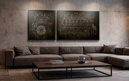 Machine Engine Schematic Drawing Pair - Framed Wall Art on Canvas