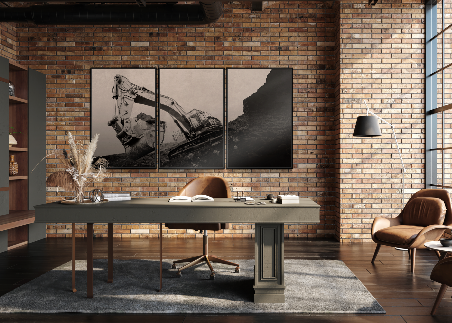 Dramatic Reaching Excavator Triptych | Framed Wall Art on Canvas