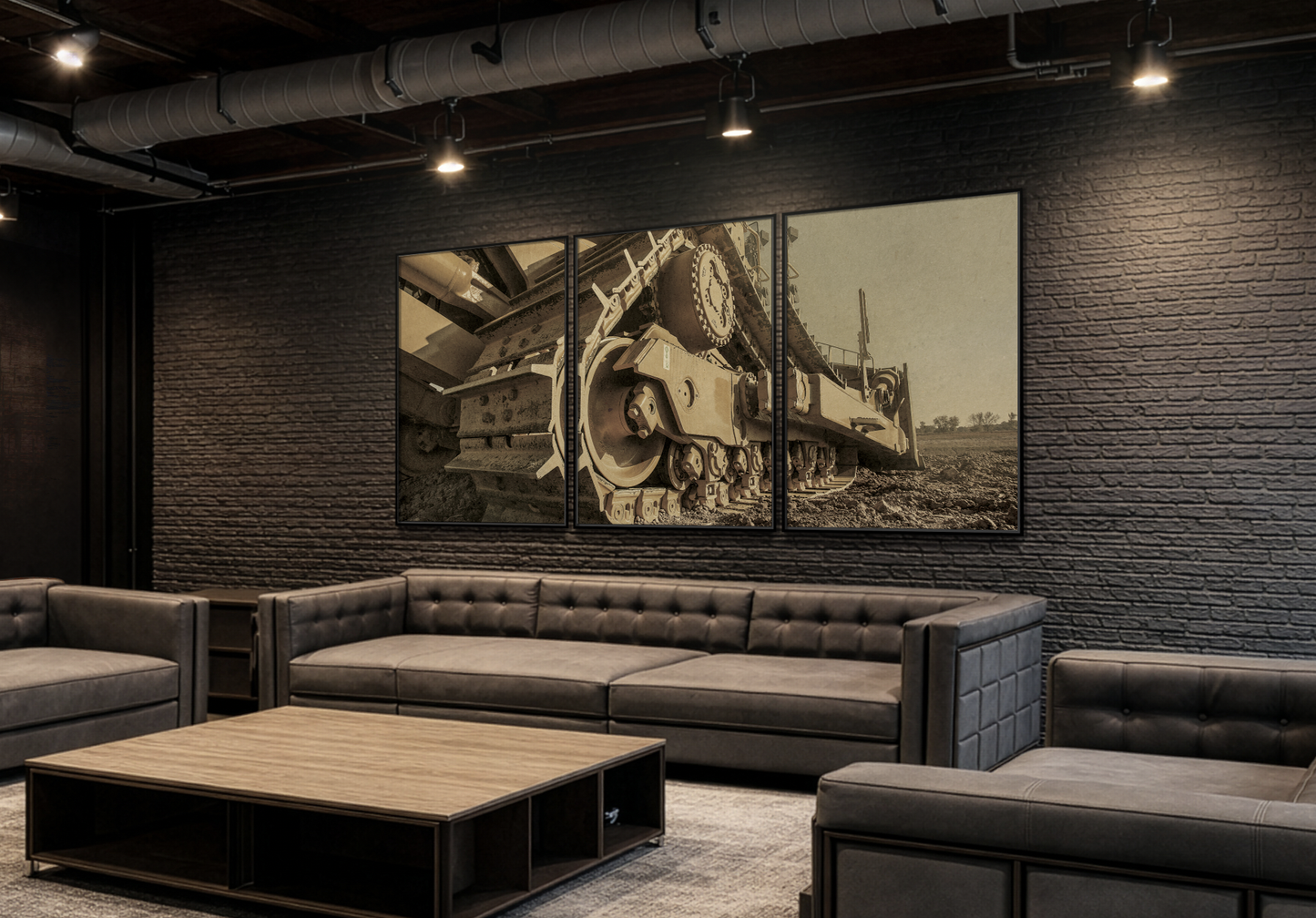 D8 Dozer Track Triptych | Gold | Unframed | Wall Art on Stretched Canvas