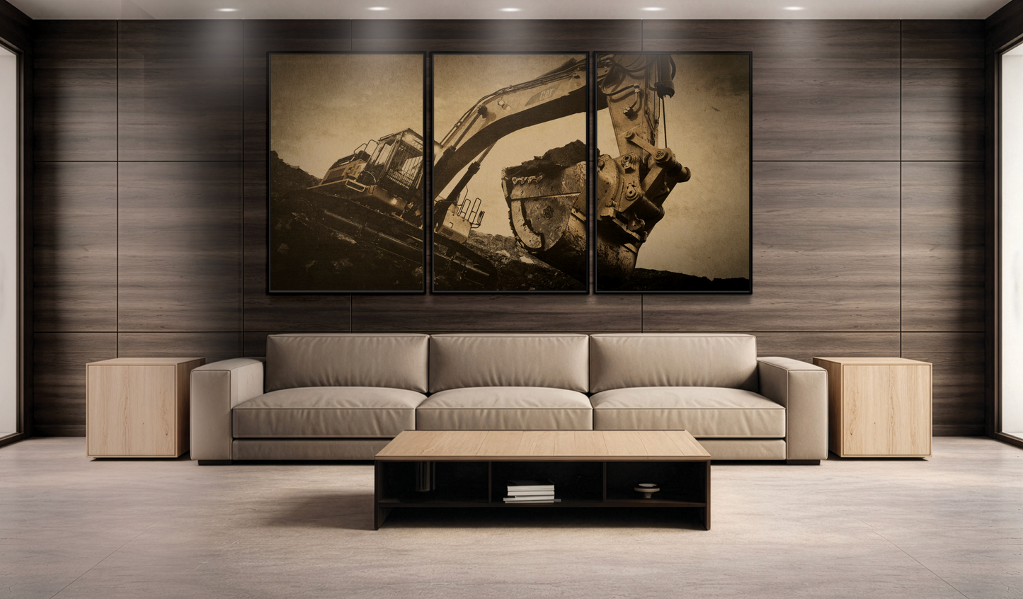 Reaching Excavator Triptych | Gold | Framed Canvas