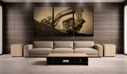 Reaching Excavator Triptych | Gold | Framed Canvas