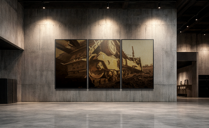 D8 Dozer Track Triptych | Gold | Unframed | Wall Art on Stretched Canvas