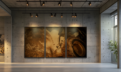 Boring Skid Steer Triptych | Gold | Unframed | Stretched Canvas