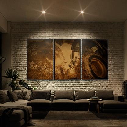 Boring Skid Steer Triptych | Gold | Unframed | Stretched Canvas