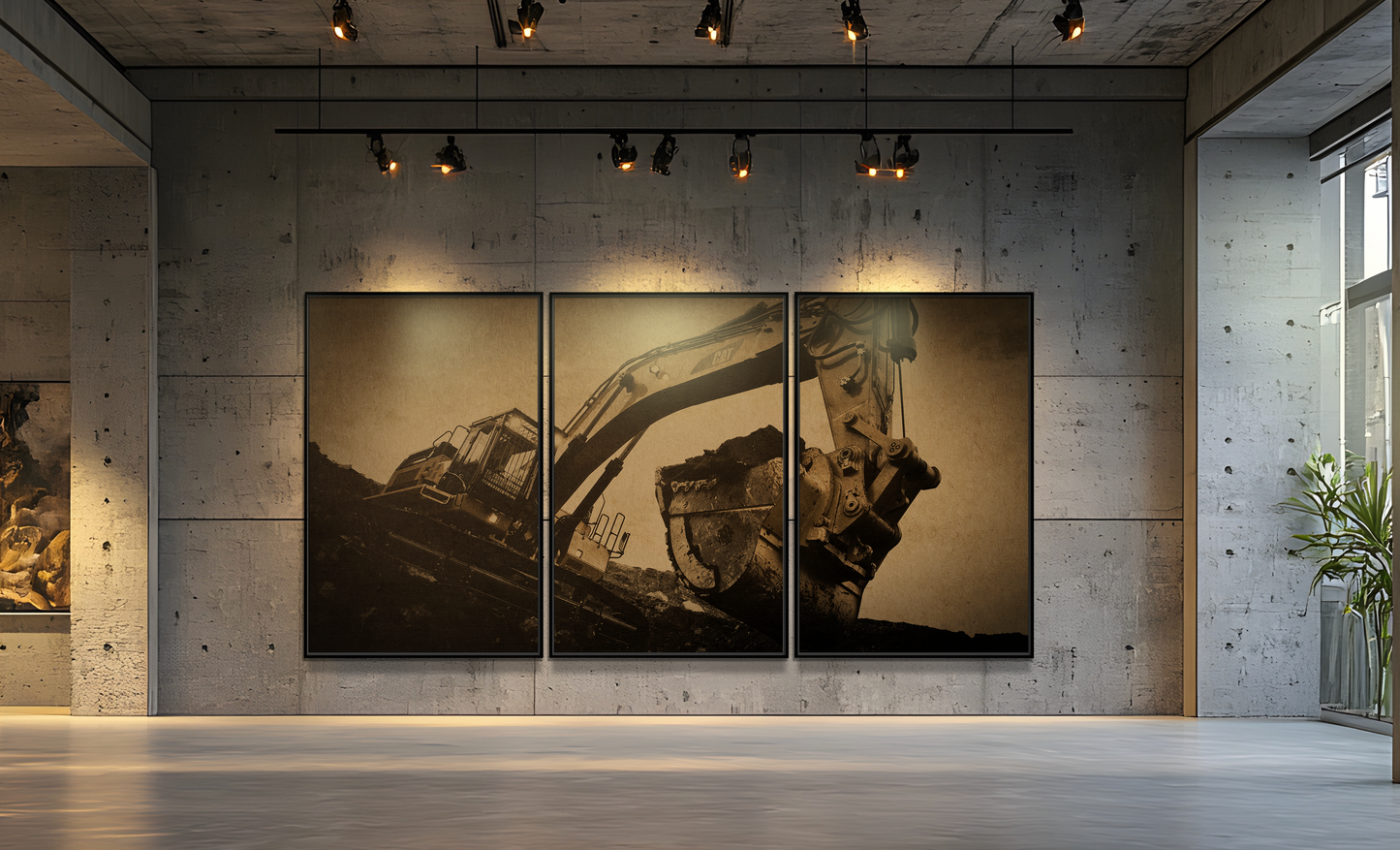 Reaching Excavator Triptych | Gold | Framed Canvas