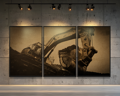 Reaching Excavator Triptych | Gold | Framed Canvas
