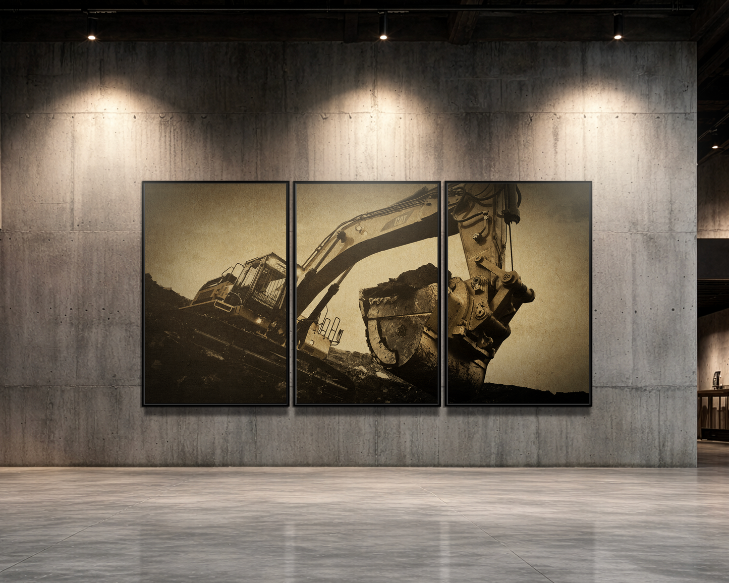 Reaching Excavator Triptych | Gold | Framed Canvas