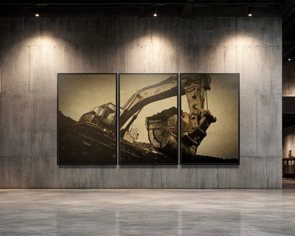 Reaching Excavator Triptych | Gold | Framed Canvas