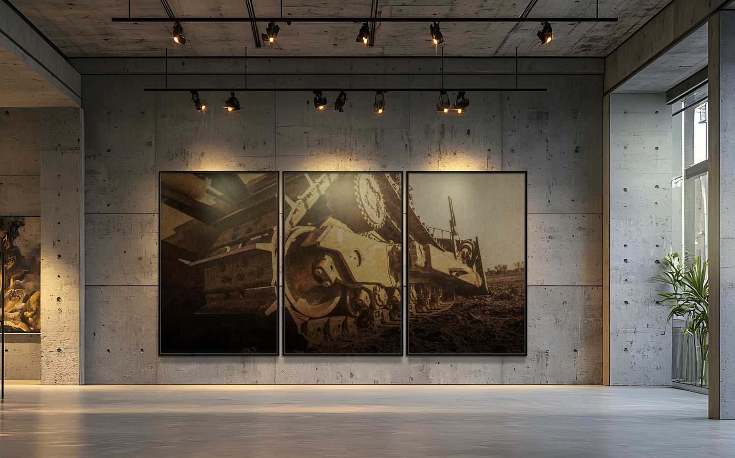 D8 Dozer Track Triptych | Gold | Unframed | Wall Art on Stretched Canvas