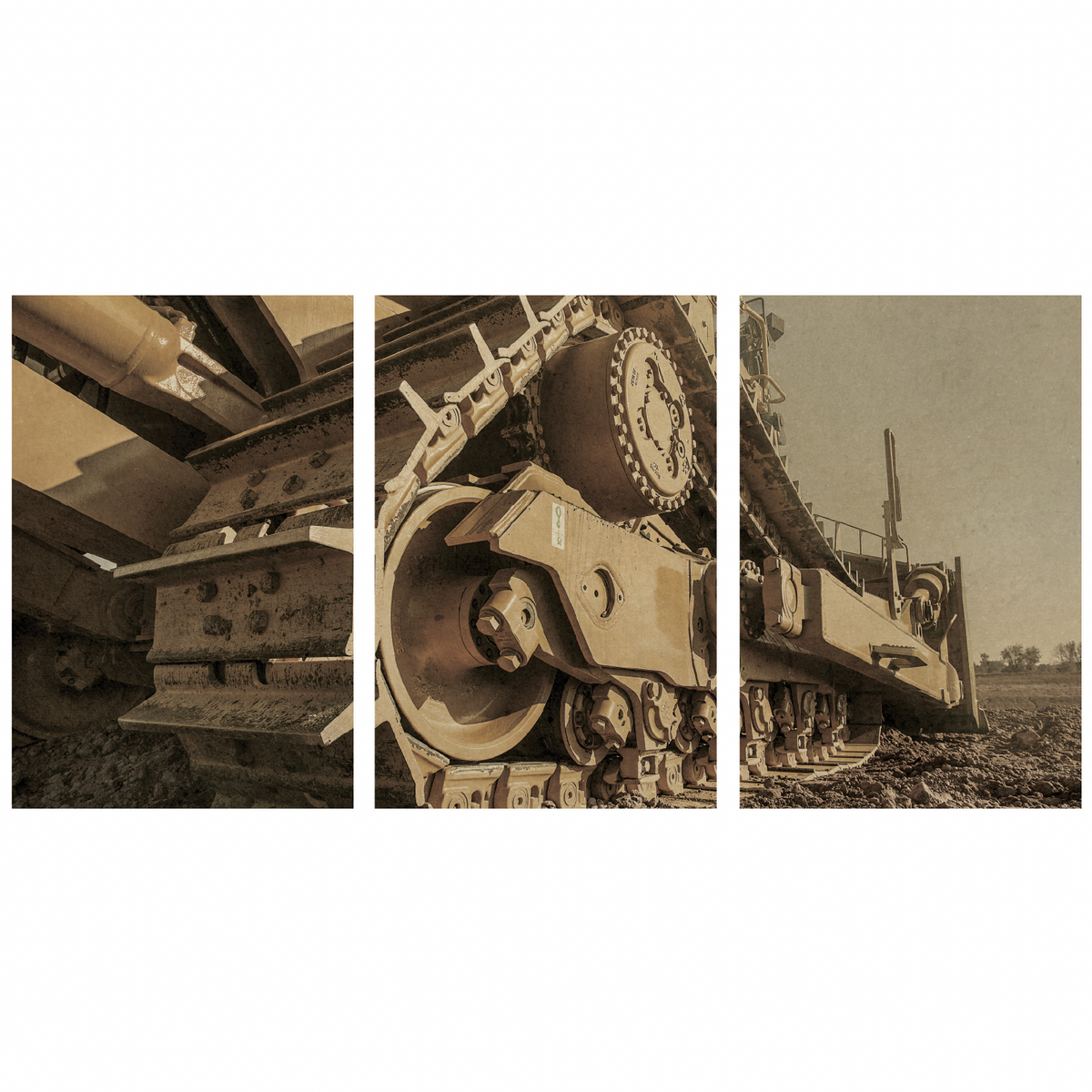 D8 Dozer Track Triptych | Gold | Unframed | Wall Art on Stretched Canvas