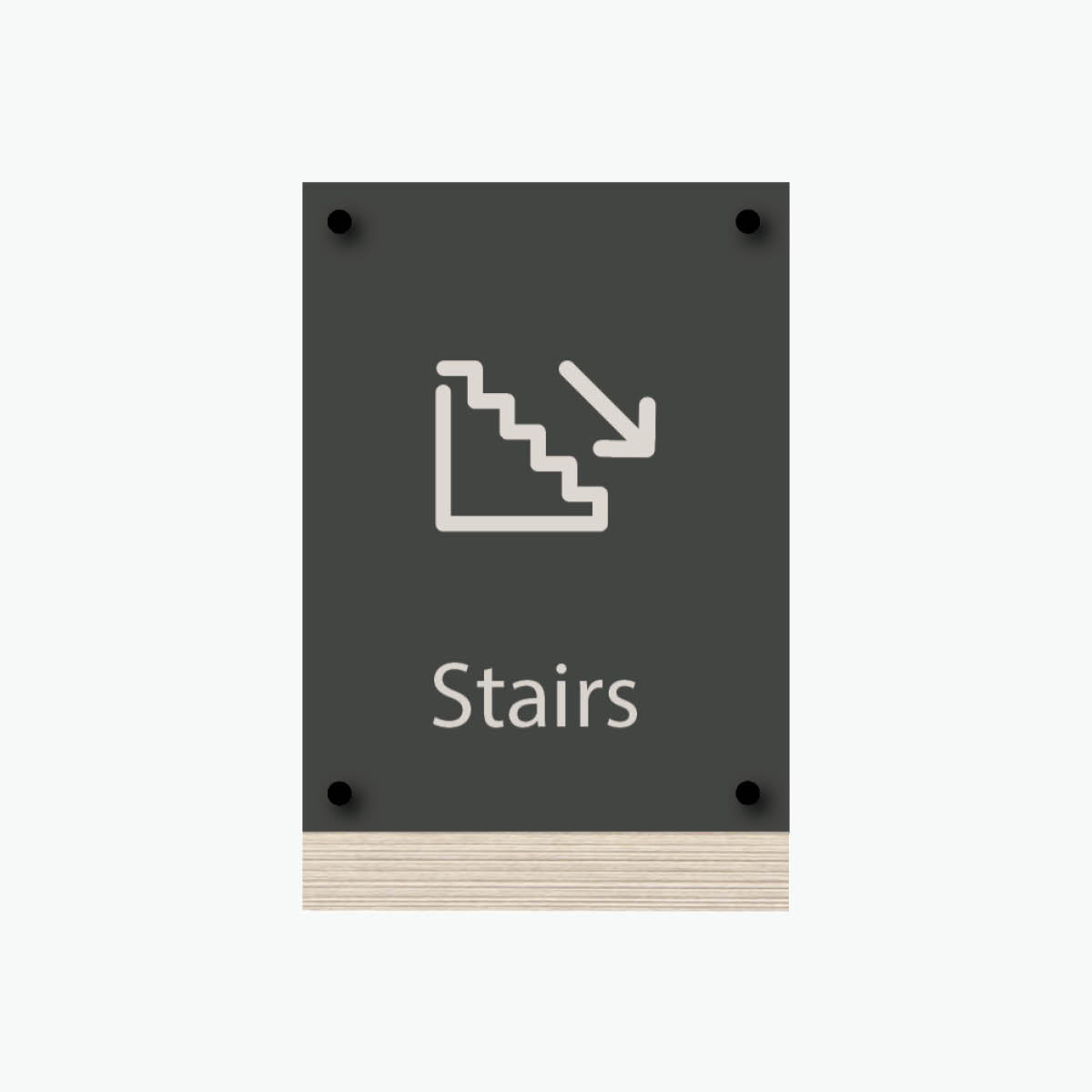Sign with the word 'Stairs' pointing down , featuring an icon of stairs on each, wall-mounted hardware.