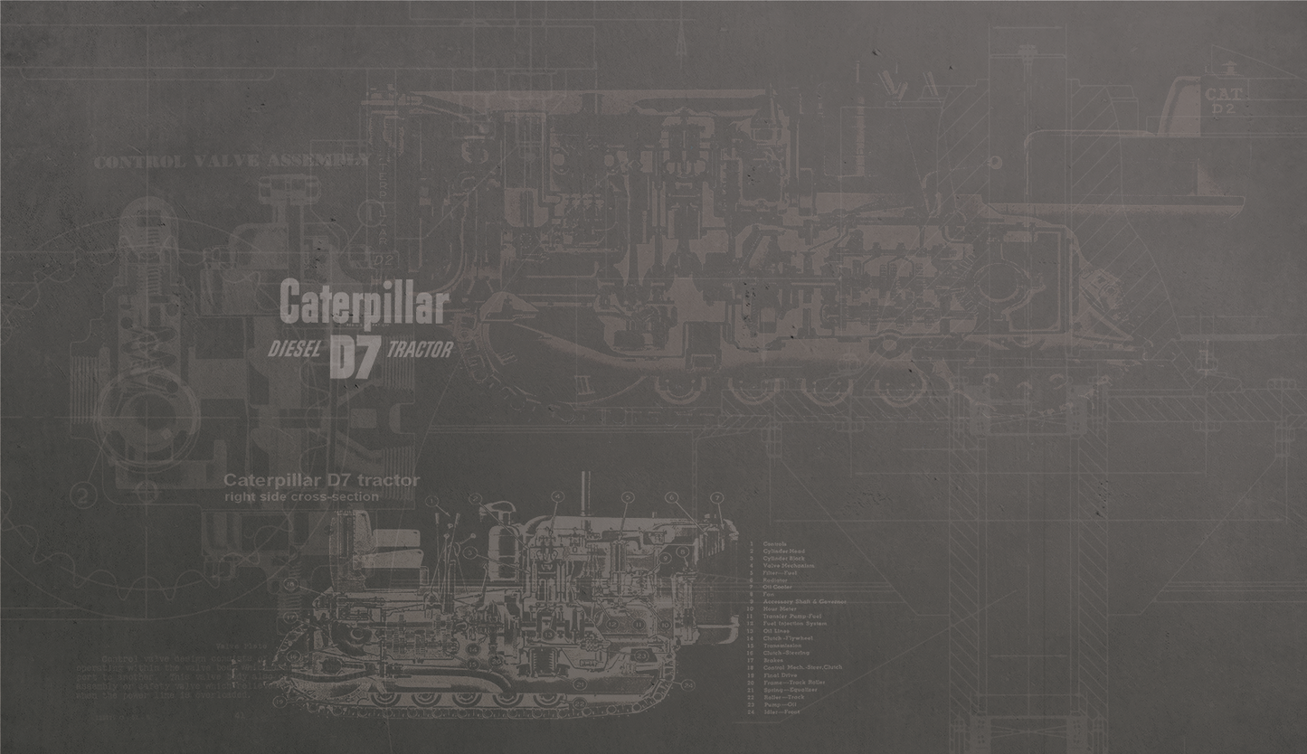 Technical drawing of a Caterpillar engine on a dark background