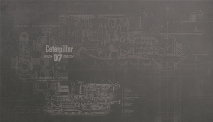 Technical drawing of a Caterpillar engine on a dark background