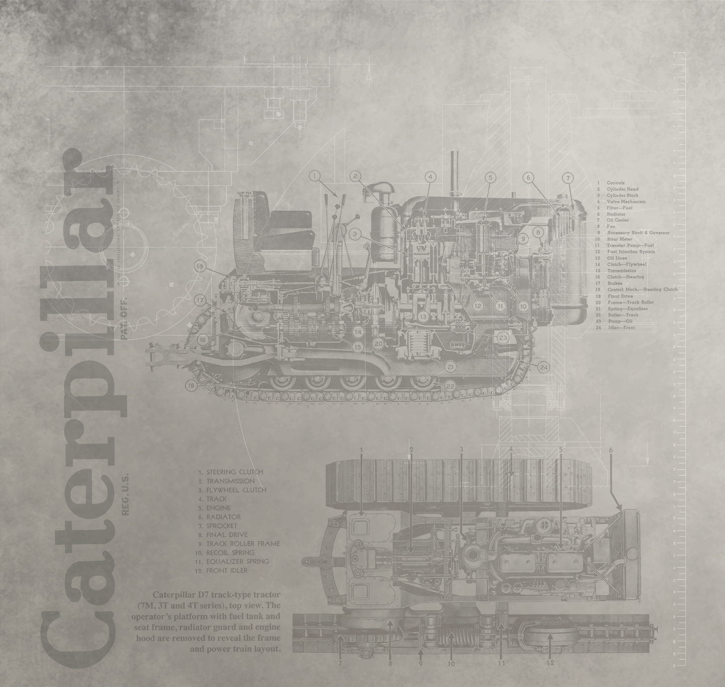 Technical diagram of a Caterpillar machine on a textured gray background