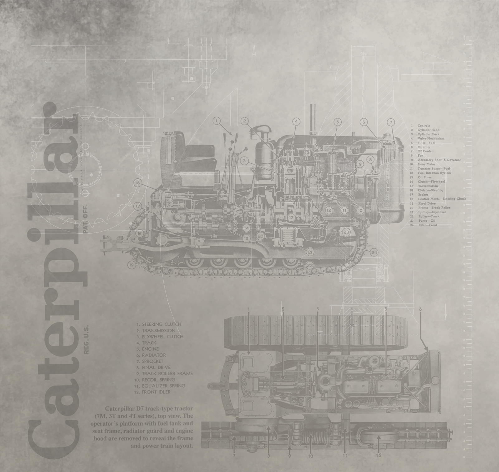 Technical diagram of a Caterpillar machine on a textured gray background