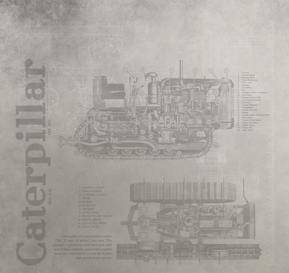 Technical diagram of a Caterpillar machine on a textured gray background