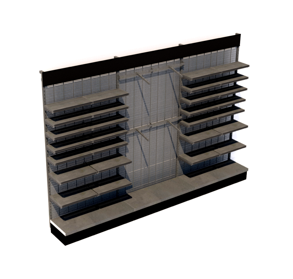 This fixture is a Lozier Showroom shelving unit designed for a Caterpillar or AGCO or Fendt or Massey dealership.